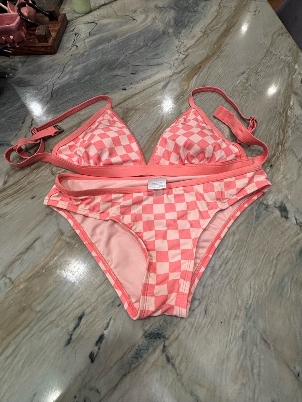 Kona Sol Pink Checkerboard Triangle Bikini Set